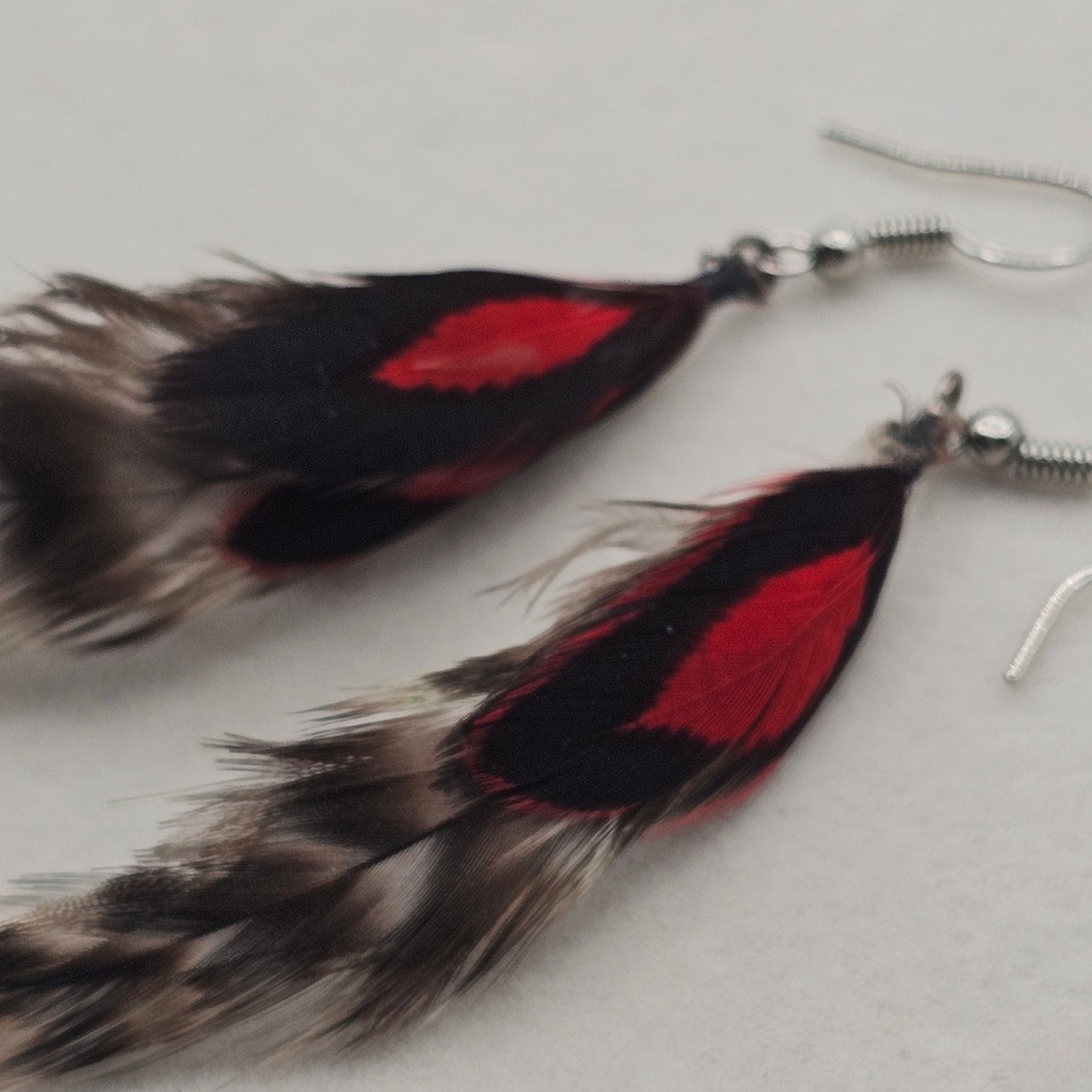 Feather Dangle Earrings‎ 4"+ Brown Red Grizzly Striped Boho Chic Tribal Western - Picture 11 of 12
